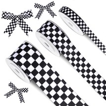 3 Rolls Black Grosgrain Ribbon White Checkered Printed Ribbon Racing Car... - $23.82