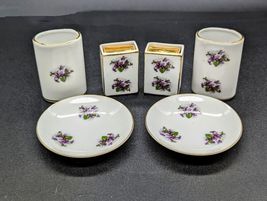 VTG Japan Porcelain Purple Floral Matchbox Holder, Cigarette Holder, &amp; ashtrays - £47.78 GBP