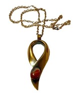 Art Deco Style Brass Tone 4 Inch Pendant W Stone On 24 Inch Chain VTG 70’s - £22.96 GBP