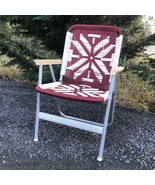 Vintage MCM Macrame Aluminum Folding Lawn Chair Red White Woven Cord Chair - $32.00