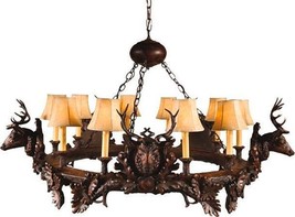 Chandelier 5 Small Stag Head Deer 10-Lights Hand-Crafted OK Casting Faux Leather - £3,364.48 GBP