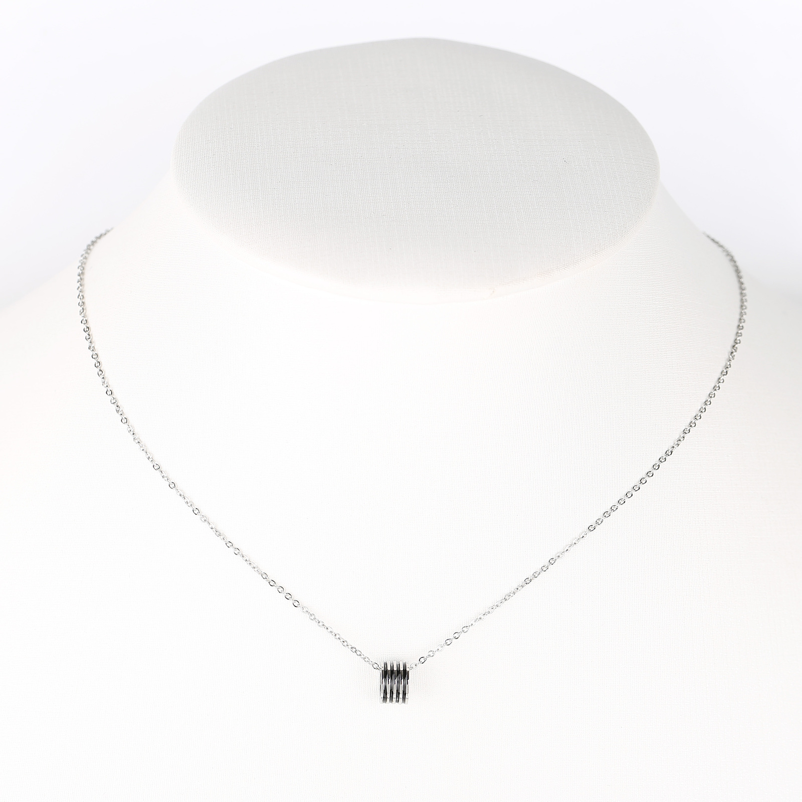 Silver Tone Necklace With Jet Black Inlay & Stacked Circular Pendant
