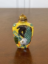 Chinese Raised Fish on Yellow Porcelain with Calligraphy Snuff Bottle - $98.01
