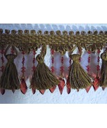 Fancy Upholstery Tassel Braid Trim with Faceted Bead Fringe Gold &amp; Red 2... - $10.99