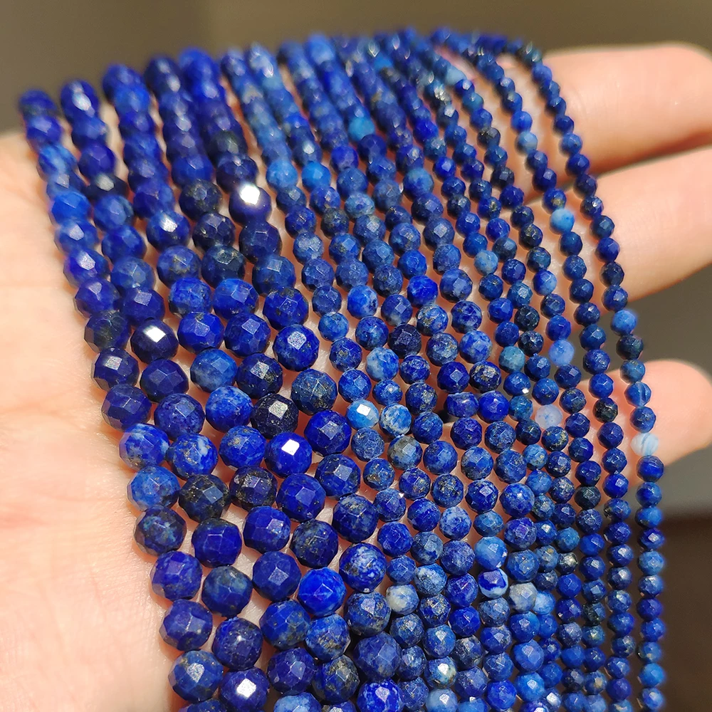 Natural Lapis Lazuli Bead Faceted Blue Stone Round Loose DIY Beads for Jewelry - £6.33 GBP