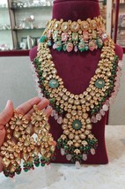 Bollywood Style Gold Plated Kundan Choker Necklace Long Haram Bridal Jewelry Set - £225.10 GBP