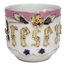 Antique German Mustache Cup &quot;Present&quot; Gold Trim Floral Victorian Era Drinkware - £12.40 GBP