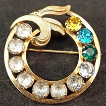 Van Dell 12K Gold Filled Brooch Wreath with Clear Green &amp; Amber &quot;Stones&quot; - £20.88 GBP