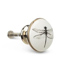 Dragonfly Drawer Knobs Set 4 Ceramic Metal White Black 1" Diameter Silver Stud image 2