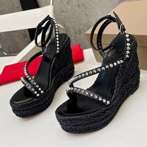 Yellow Leather Platform Sandals Woman Open Toe Rivet Cross Strap High Heels Wedg - $148.02