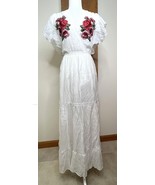 White Maxi Dress Embroidery Short Flutter Sleeves Size XS Cottage Core F... - $23.76