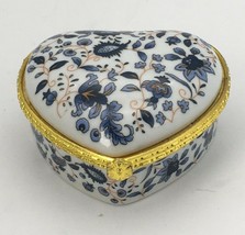 Heart Shaped Porcelain Trinket Box Jewelry Blue Floral Vine Design with ... - $14.95