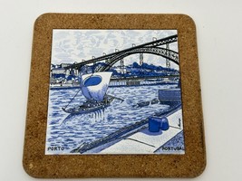 Dom Luis I Bridge Porto Portugal Blue Azulejo Tile Cork Trivet 7.5&quot; Signed - £19.81 GBP