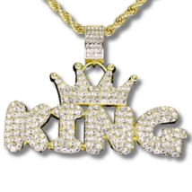 Mens Iced CZ King Pendant 14k Gold or Silver Plated 24&quot; Necklace Hip Hop Jewelry - £7.48 GBP