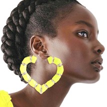 Neon Yellow Heart Bamboo Hoops - $39.49