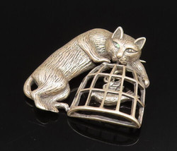 JEZLAINE 925 Silver - Vintage Carved Cat With Bird Cage Brooch Pin - BP9785 - £46.37 GBP