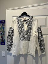 Tory Burch White and Black Embroidered Long Sleeve Top Size - $118.80