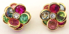 Vintage Bezel Set Clip on Earrings Gold Tone Floral Flower Pastel Crystals 1&quot; - £15.67 GBP