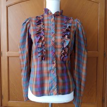 Lets Get It VTG 80s Womens Plaid Blouse Sz 32 Ruffle Collar Long Sleeve Colorful - £10.73 GBP