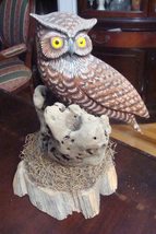 Great Horned Owl Wood Hand Carving, in Branch, Glass Eyes, Signed Original - £164.19 GBP