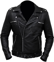 Dead Negan Brando Men&#39;s Black Asymmetrical Belted Moto Leather Jacket - £86.13 GBP+