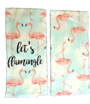 Let&#39;s Flamingle Kitchen Towels Flamingo 2-Piece Tropical Pink Blue on White NWT - £9.53 GBP