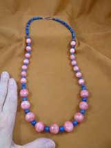 (v465-3) 27&quot; long Pink Rhodochrosite gemstone + round blue Lapis beaded Necklace - £205.52 GBP