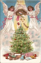 Merry Christmas Angels Pouring Toys over Tree 1912 Hollister CA Postcard X20 - £6.69 GBP