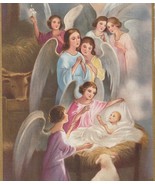 A Group of Angels Surrounding Baby Jesus Vintage Linen Christmas Postcard - $8.00