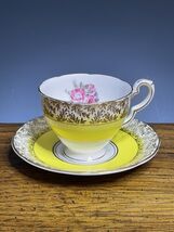 Vintage Royal Stafford England Teacup &amp; Saucer Set Yellow Blue Floral Go... - $35.75
