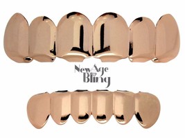 Grillz Set 14k Rose Gold Plated Top &amp; Bottom 6 Tooth Teeth Hip Hop + Molds - £7.44 GBP