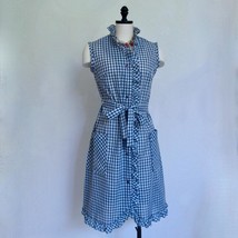 Vintage 60s Blue White Gingham Day Ruffle Dress S Button Down Woolf Brothers - £47.20 GBP