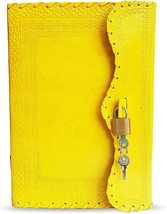 jaald 10&quot; Leather Journal with Lock Writing Pad Blank Notebook Handmade Yellow - £33.08 GBP