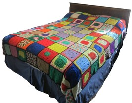 Vintage Granny Square Afghan Bedspread Throw cottagecore Full/Queen crochet - $98.91