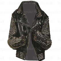 New Woman Punk Black Silver Spike Studs Brando Unique Cowhide Leather Ja... - £290.94 GBP