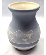 Native American Indian Pottery Vase 6&quot; White Blue Etched SIGNED EagleHaw... - $24.41 CAD