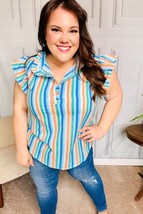 Happy Thoughts Sky Blue Striped Frill Button Down Top - £25.80 GBP