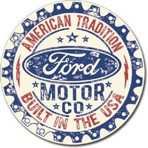 Ford Built In USA Car Dealer Logo Retro Round Wall Garage Décor Metal Tin Sign - £17.53 GBP
