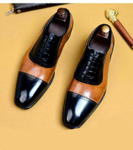 Handmade Mens Tan And Black Two Tone Leather Shoes, Fashion Formal Leather Shoes - £118.63 GBP+