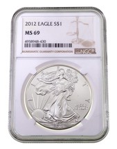 2012 S $1 Argento American Eagle Selezionato Da NGC Come MS-69 - £43.35 GBP