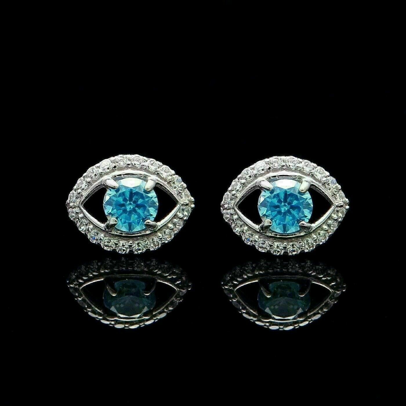 2.00Ct Round Cut Blue Topaz Push Back Eye Stud Or Blanc 14K Finition Item image 3