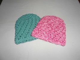  Set of Two Hand-Made Crocheted Infant Beanies 0 to 3 months/ one Teal &amp;One Pink - £9.88 GBP