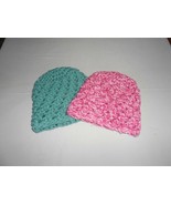  Set of Two Hand-Made Crocheted Infant Beanies 0 to 3 months/ one Teal &One Pink - $12.40