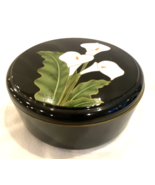 Vintage Otagirl Calla Lily Round Trinket Box with Lid Lacquered Black Japan - $352.69 MXN