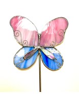 Pink and Blue Butterfly Stained Glass Garden Art Stake - £35.30 GBP