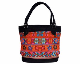 Floral Tribal Pattern Huipil Embroidered Black Vegan Suede Tote Purse Bag - Wome - £23.52 GBP