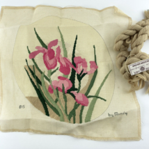 Pink Iris Flower Cross Stitch Partially Finished with Yarn 15.5 x 15.5 - £14.83 GBP