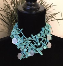 Dyed Turquoise Colored Beaded Statement Necklace Summer Boho  - £10.22 GBP