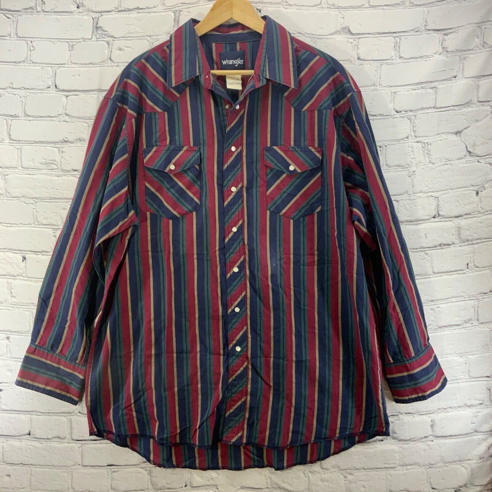 Primary image for Wrangler Western Shirt Pearl Snap Mens Sz 17 1/2 X 36 Tall Red Stripes Flaw
