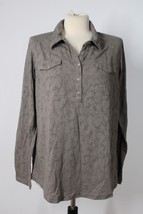 Eddie Bauer L Gray Semi-Sheer Floral Long Sleeve Roll Tab Popover Top Shirt - £21.20 GBP